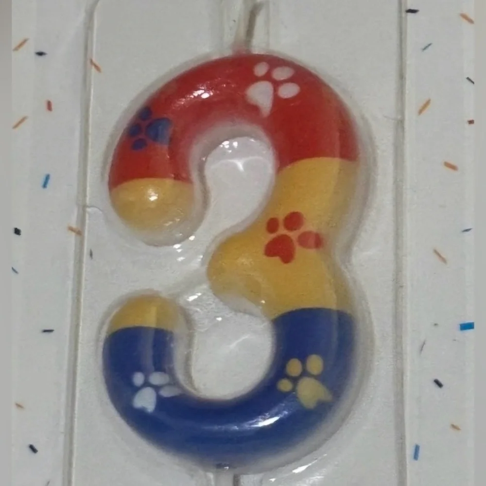 Colorful Number 3 Dog Paw Birthday Party Candle Cake Topper - Red, Yellow, Blue